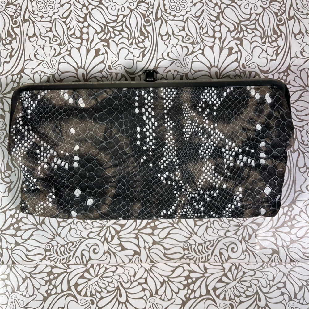 HOBO Lauren Double Frame Leather Clutch Wallet Snake Embossed Print Organizer